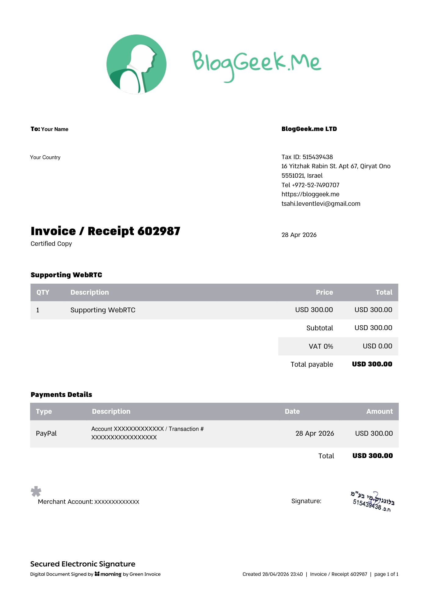 A BlogGeek.me receipt for a course purchase, with the buyer and payment details blanked out.